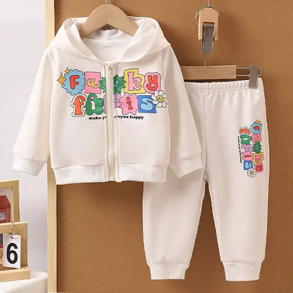 【6M-3Y】2-piece Baby Girl White Letter Print Hooded Jacket And Pants Set - Popopie.com 