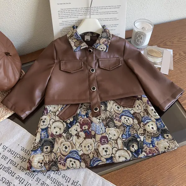 【18M-8Y】2-piece Girls Brown PU Leather Jacket And Bear Dress Set - Popopieshop.com 