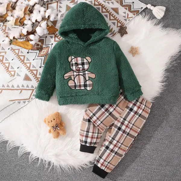 【6M-3Y】2-piece Baby Boys Green Flannel Bear Embroidered Hooded Sweatshirt And Plaid Pants Set - Popopieshop.com 