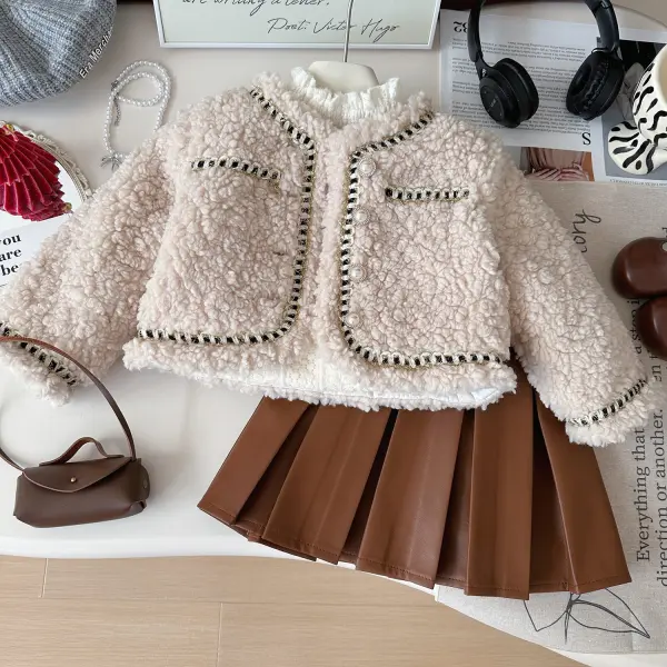 【18M-8Y】2-piece Girls Brown Thick Flannel Jacket And Pu Leather Skirt Set - Popopieshop.com 