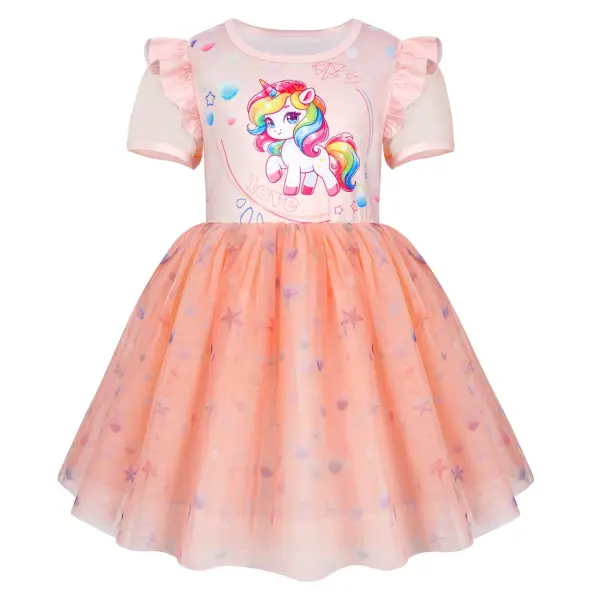 【2Y-8Y】Girls Pink Unicorn Printed Mesh Short Sleeve Princess Dress - Popopieshop.com 
