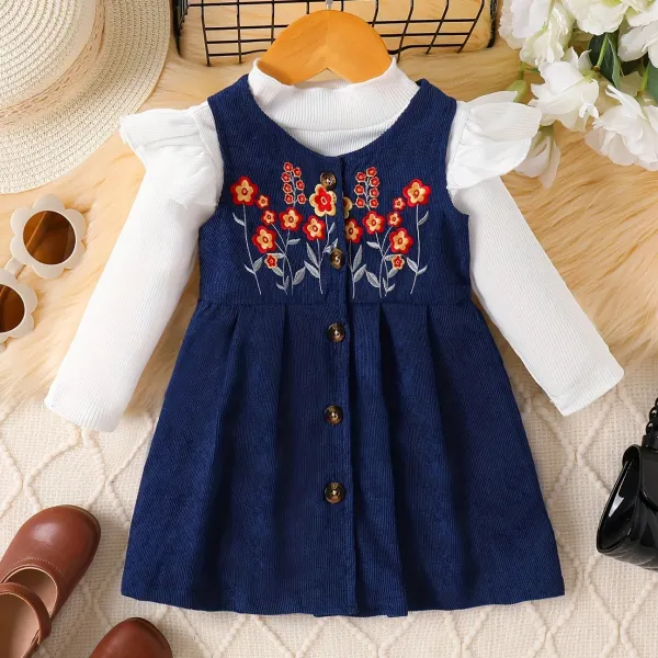 【6M-3Y】2-piece Baby Girl Cute White T-shirt And Floral Embroidered Blue Dress Set - Popopieshop.com 