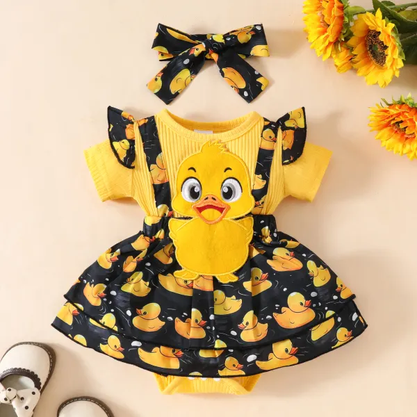 【0M-18M】3-piece Baby Girl Cute Cartoon Duck Embroidered Skirt And Romper Set With Hairband - Popopieshop.com 