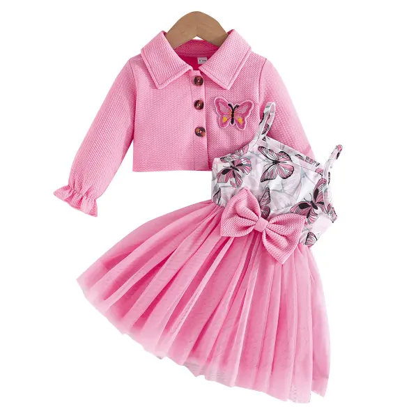 【6M-3Y】2-piece Baby Girl Cute Bow Sling Mesh Dress And Butterfly Embroidered Cardigan Set - Popopieshop.com 