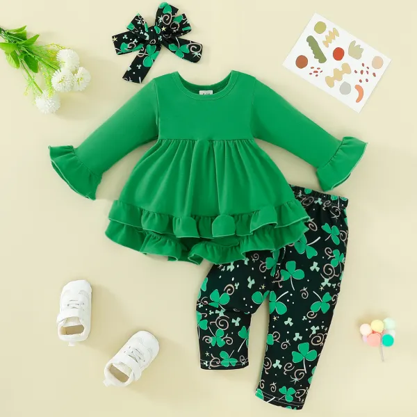 【6M-3Y】3-piece Baby Girls Green Ruffle T-shirt Dress And St. Patrick's Printed Leggings Set With Hairband Only $25.99 - Popopieshop.com 