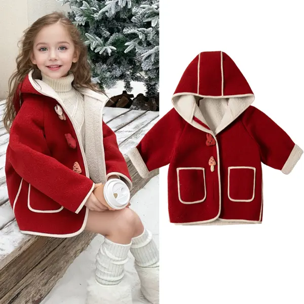 【18M-8Y】Girls Sweet Red Tweed Keep Warm Hooded Coat - Popopieshop.com 