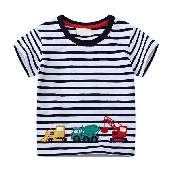 【18M-7Y】Boys Casual Cotton Black And White Striped Excavator Embroidered Short Sleeve T-shirt - Popopieshop.com 
