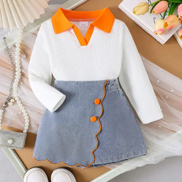 【2Y-7Y】2-piece Girls Sweet Solid Color Lapel Long Sleeve T-shirt And Denim Shorts Set - Popopieshop.com 