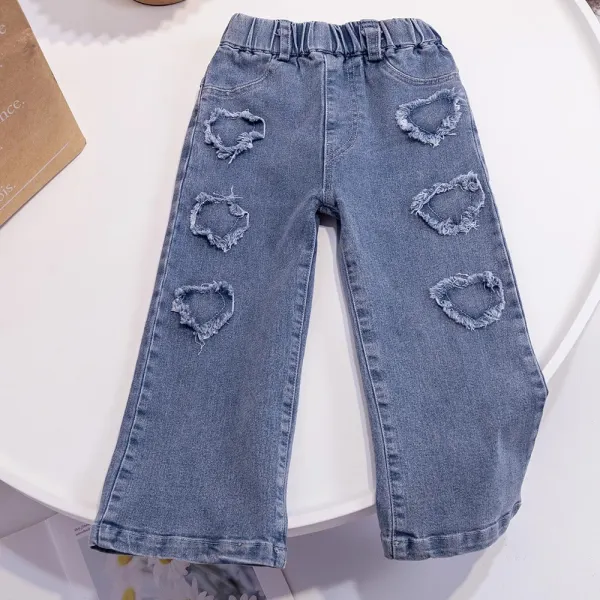 【12M-6Y】Girls Sweet Heart Embroidered Flared Jeans - Popopieshop.com 