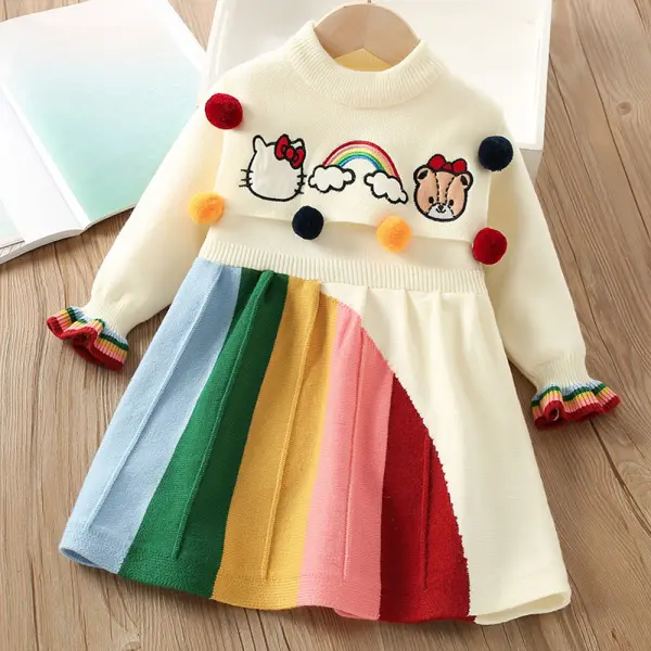 【18M-6Y】Girls Cartoon Embroidery Colorful Small Pom Pom Long Sleeve Sweater Dress - Popopieshop.com 