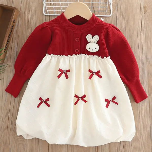 【12M-5Y】Girls Red Bunny Bow Applique Long Sleeve Sweater Dress - Popopieshop.com 