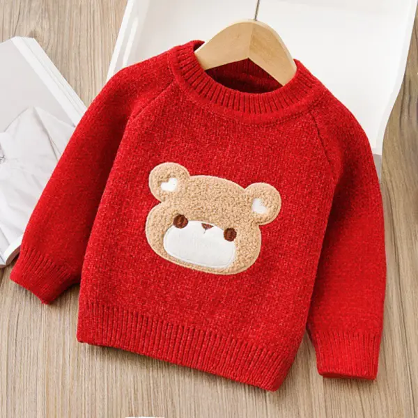 【18M-6Y】Girls Bear Embroidered Long Sleeve Sweater - Popopieshop.com 