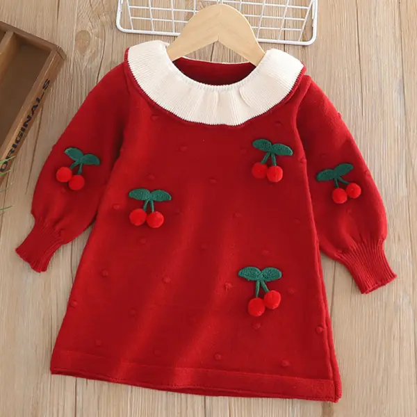 【12M-5Y】Girls Red Cherry Applique Long Sleeve Sweater Dress - Popopieshop.com 