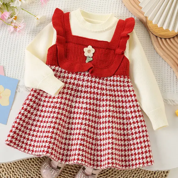 【18M-6Y】Girls Floral Applique Houndstooth Long Sleeve Sweater Dress - Popopieshop.com 