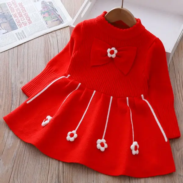 【18M-6Y】Girls Bow Floral Applique Long Sleeve Sweater Dress - Popopieshop.com 