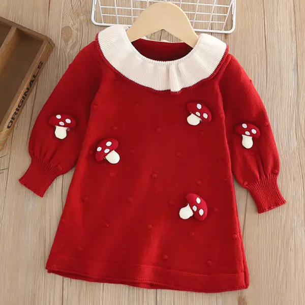 【12M-5Y】Girls Red Mushroom Applique Long Sleeve Sweater Dress - Popopieshop.com 