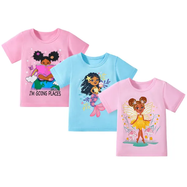 【1Y-7Y】3-piece Girls Cute Cartoon Elf And Mermaid Printed Short Sleeve T-shirt - Popopieshop.com 
