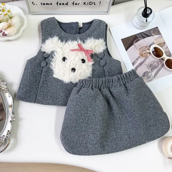 【18M-8Y】2-piece Girls Cute Dog Embroidered Gray Padded Quilted Tweed Vest And Skirt Set - Popopieshop.com 