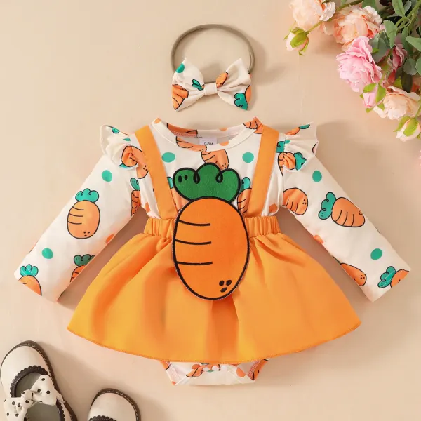 【0M-18M】3-piece Baby Girl Cute Easter Carrot Print Romper And Skirt Set With Bow Hairband - Popopieshop.com 