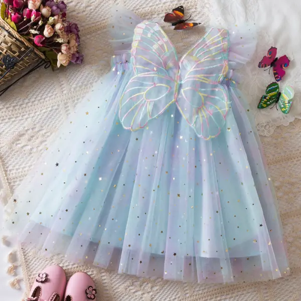 【6M-5Y】Girls Sweet Butterfly Embroidered Stars Mesh Dress - Popopieshop.com 