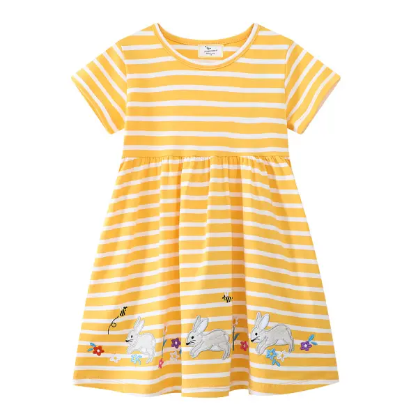 【1Y-7Y】Girls Cute Bunny And Flower And Bee Embroidered Yellow Striped Dress - Popopieshop.com 