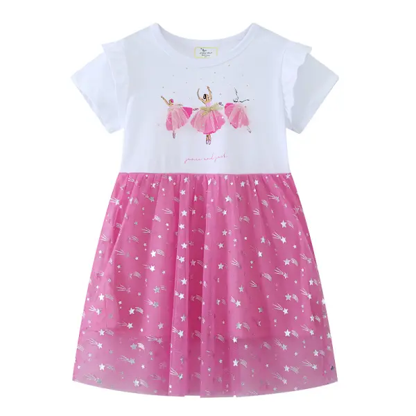 【1Y-7Y】Girls Cute Cartoon Ballet Girls Printed Silver Star Mesh Dress - Popopieshop.com 