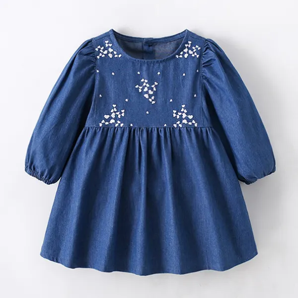 【18M-7Y】Girls Cute Heart Shape Embroidered Blue Denim Dress - Popopieshop.com 