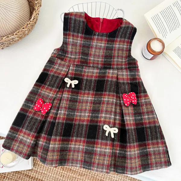 【18M-8Y】Girls Cute Bow Design Reddish Brown Plaid Sleeveless Dress (Sweater Not Included) - Popopieshop.com 