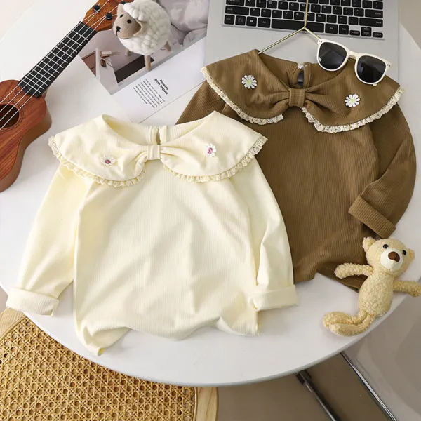 【12M-10Y】Girls Sweet Cotton Solid Color Doll Collar Long Sleeve T-shirt - Popopieshop.com 