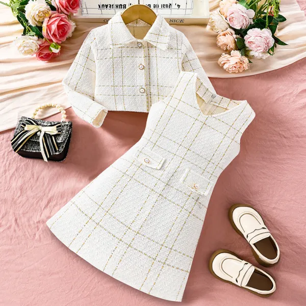 【3Y-10Y】2-piece Girls Elegant Chanel Style Tweed Sleeveless Dress And Lapel Long Sleeve Coat Set - Popopieshop.com 