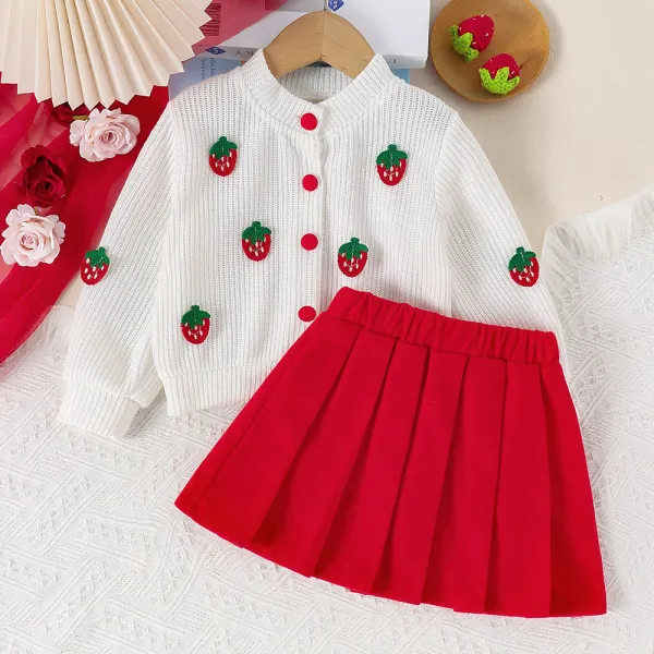 【2Y-7Y】2-piece Girls Sweet Strawberry Embroidery Round Neck Jacket And Red Pleated Skirt Set - Popopieshop.com 