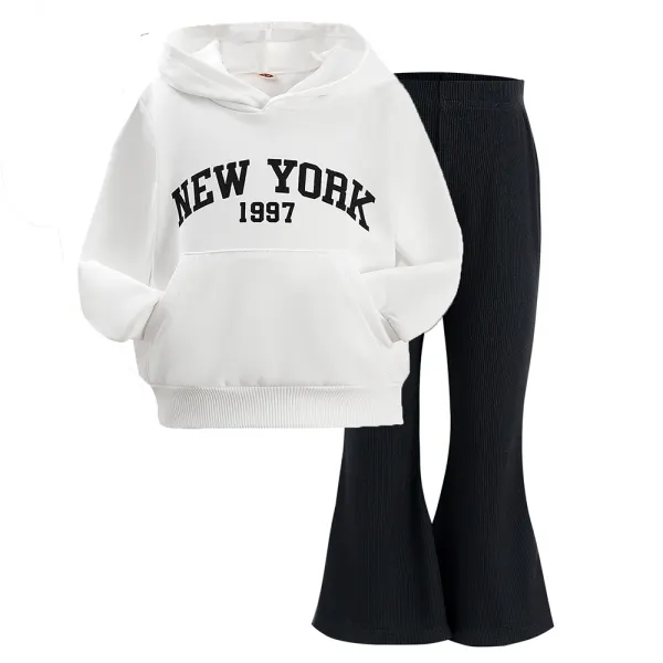 【2Y-7Y】2-piece Girls Casual Sports Cotton Letter Printed Hooded Sweatshirt And Flared Pants Set - Popopieshop.com 