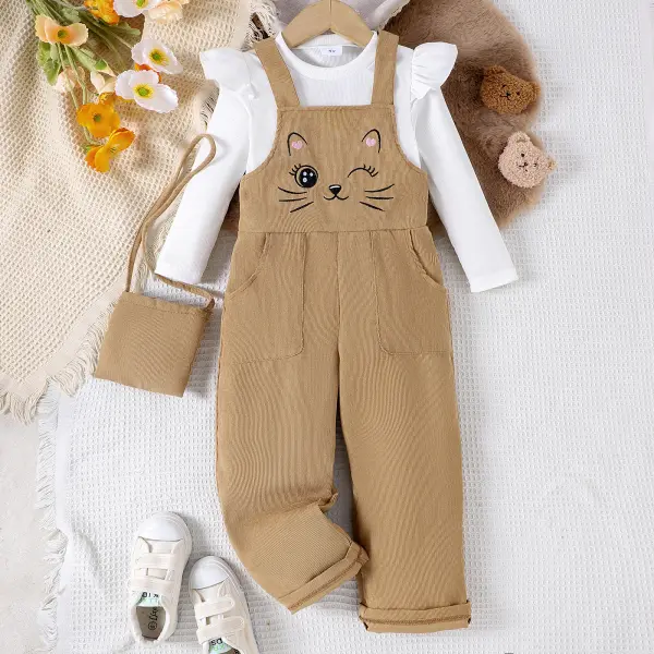 【2Y-7Y】3-piece Girls Sweet White Ruffle Long Sleeve T-shirt And Cat Embroidered Overalls Set With Crossbody Bag - Popopieshop.com 