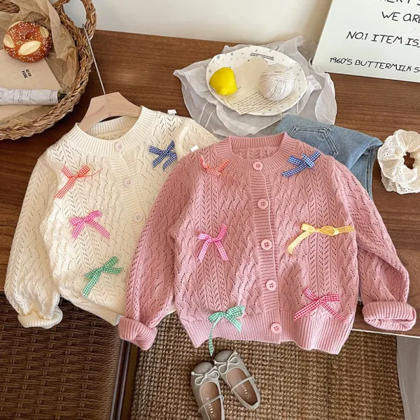 【18M-8Y】Girls Sweet Solid Color Bow Round Neck Sweater Coat - Popopieshop.com 
