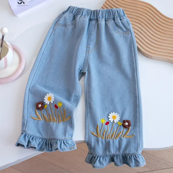 【18M-6Y】Girls Sweet Floral Embroidery Ruffle Jeans - Popopieshop.com 