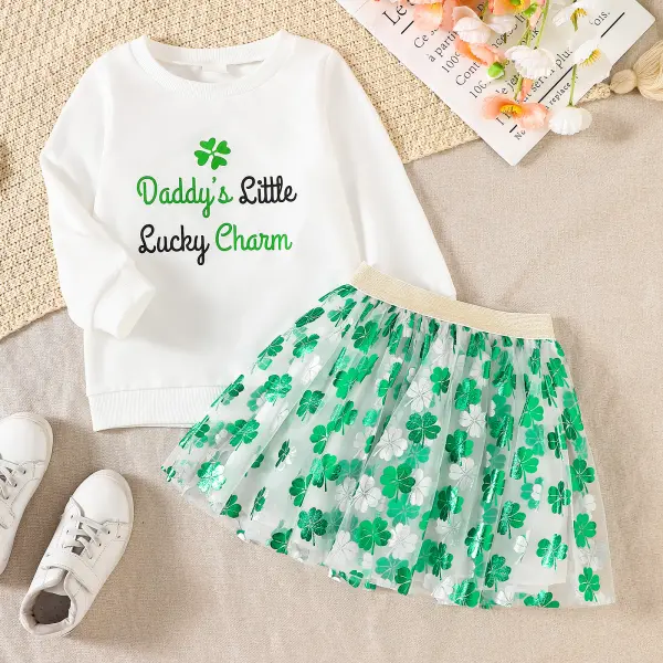 【12M-5Y】2-piece Girls Casual St. Patrick's Day Letter Printed Round Neck Sweatshirt And Four-Leaf Clover Mesh Skirt Set Only $22.99 - Popopieshop.com 