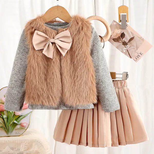 【3Y-7Y】3-piece Girls Elegant Gray Long Sleeve T-shirt Faux Fur Bowknot Vest Coat And Pleated Skirt Set - Popopieshop.com 
