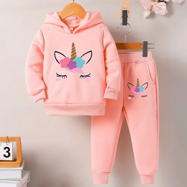 【2Y-8Y】2-piece Girls Casual Plus Velvet Keep Warm Unicorn Print Hooded Sweatshirt And Pants Set - Popopieshop.com 