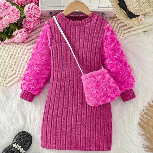 【3Y-10Y】2-piece Girls Sweet Rose Red Long Sleeve Dress With Crossbody Bag - Popopieshop.com 