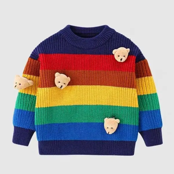 【12M-5Y】Unisex Cute Rainbow Striped Bear Keep Warm Round Neck Sweater - Popopieshop.com 