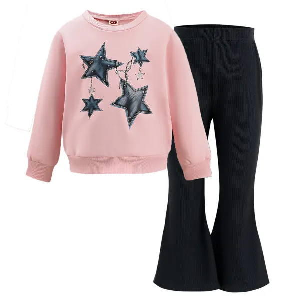 【2Y-7Y】2-piece Girls Casual Cotton Star Print Round Neck Sweatshirt And Flared Pants Set - Popopieshop.com 