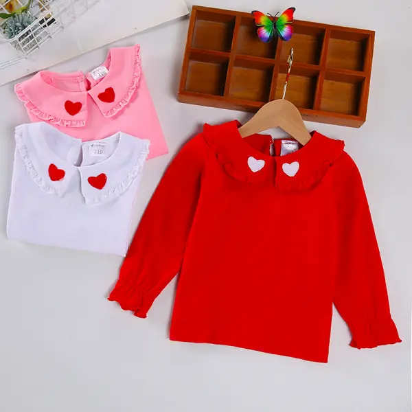 【6M-6Y】Girls Sweet Cotton Heart Embroidery Doll Collar Long Sleeve T-shirt - Popopieshop.com 