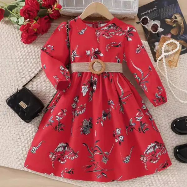 【3Y-10Y】2-piece Girls Sweet Flower Print Long Sleeve Dress With Belt - Popopieshop.com 