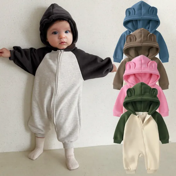 【0M-24M】Unisex Baby Cotton And Fleece Keep Warm Colorblock Hooded Jumpsuit - Popopieshop.com 