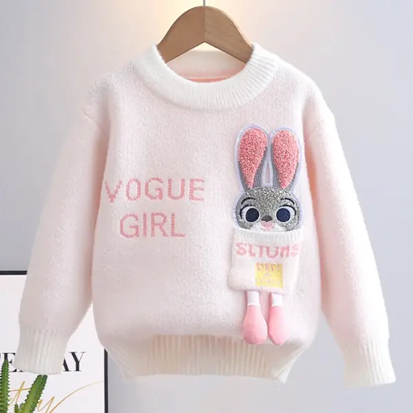 【3Y-10Y】Girls Bunny Embroidered Round Neck Long Sleeve Sweater - Popopieshop.com 