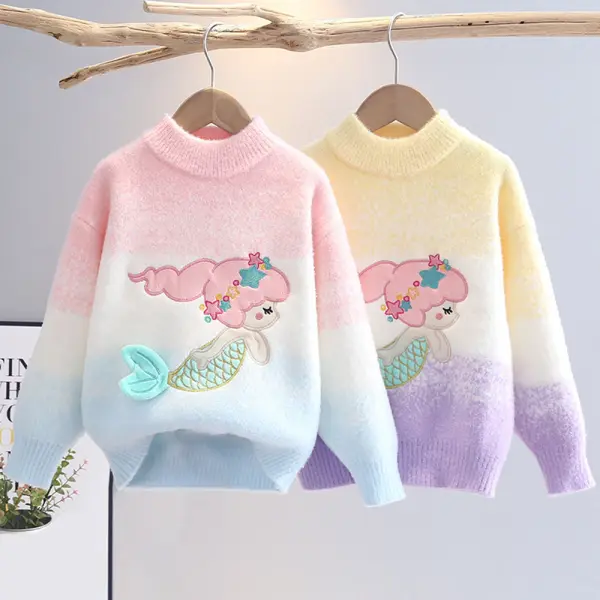 【3Y-10Y】Girls Gradient Mermaid Embroidered Round Neck Long Sleeve Sweater - Popopieshop.com 