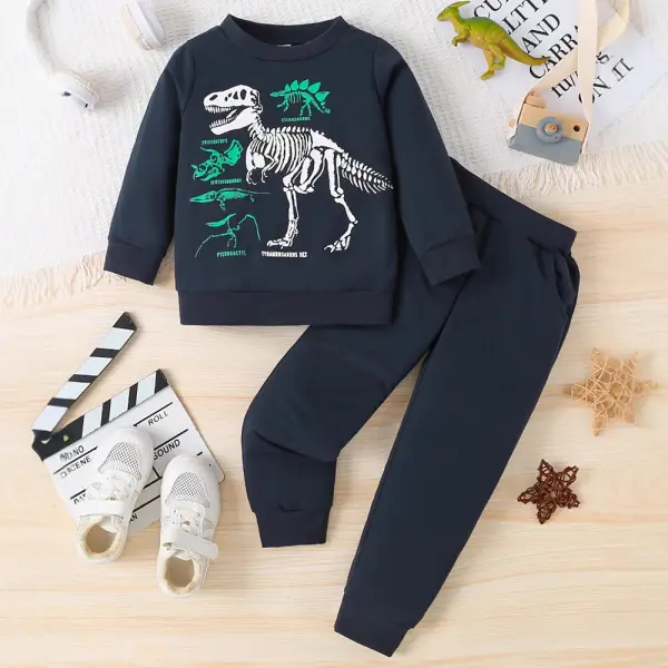 【18M-6Y】2-piece Boys Navy Dinosaur Print Long Sleeve Sweatshirt And Pants Set - Popopieshop.com 