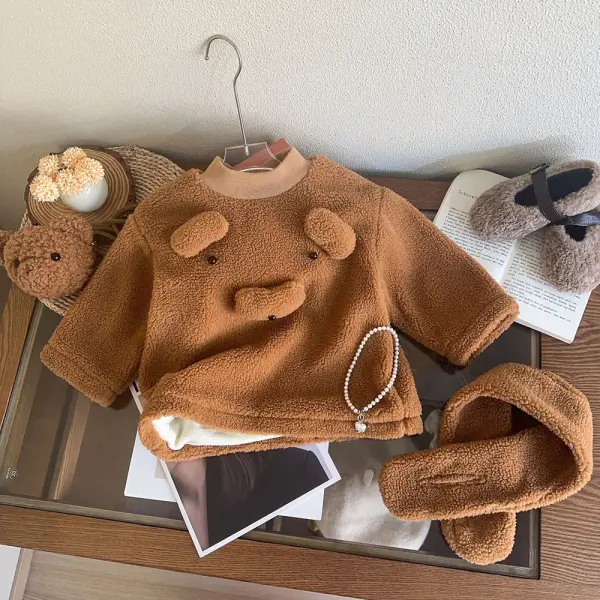 【18M-8Y】3-piece Unisex Kids Brown Thick Flannel Bear Embroidered Long Sleeve Sweatshirt (Free Scarf And Bag) - Popopieshop.com 
