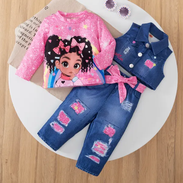 【6M-3Y】3-piece Baby Girl Pink Cartoon Print Long Sleeve T-shirt And Vest And Pants Set - Popopieshop.com 