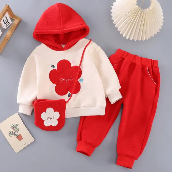 【9M-3Y】3-piece Baby Girl Thick Fleece Floral Embroidery Hooded Sweatshirt And Pants Set With Bag - Popopieshop.com 